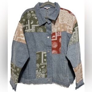 Polagram Women's Denim Trucker Jacket with Paisley Patchwork Sz 2XL Boho Chic